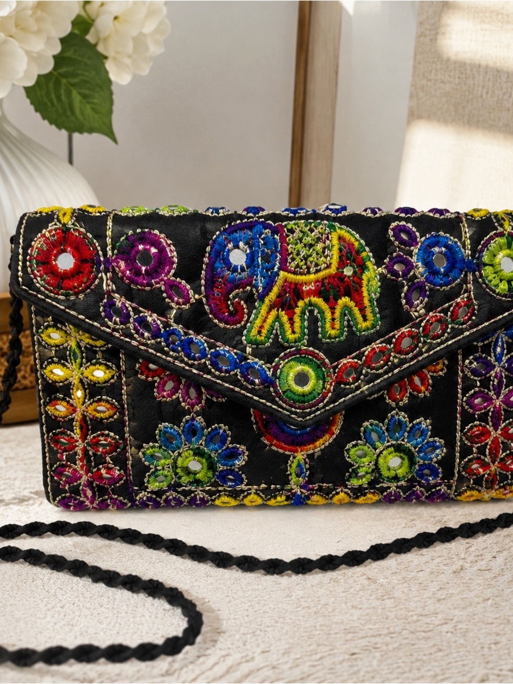 Matangi Embroidered Crossbody Clutch Purse Black Colorful Boho Ethnic Mirror Bag